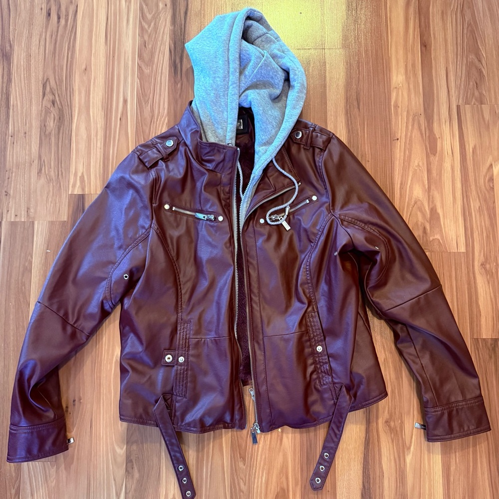 Jou Jou Maroon Faux Leather Jacket with Gray Hood